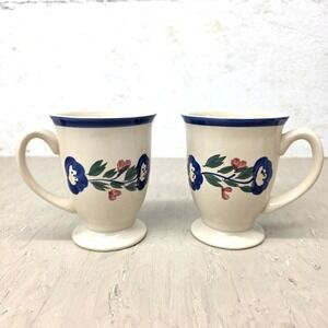 Vtg Designpac Floral Pedestal Coffee Mugs Set of 2 Cream Blue Floral Cottagecore